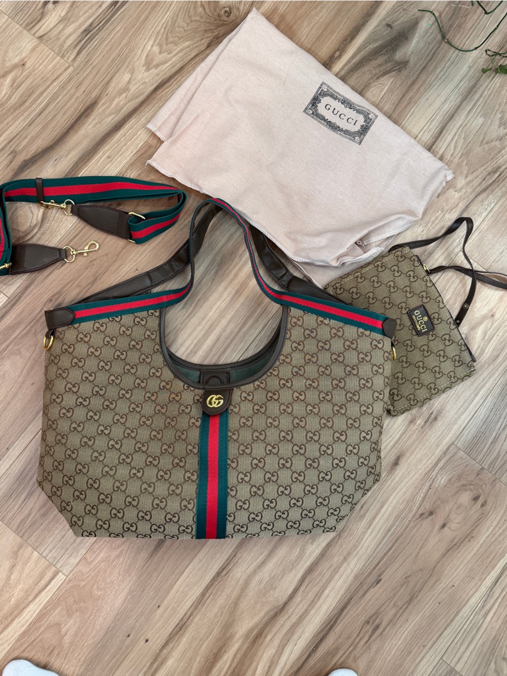 Brown GG Supreme Tote with Green and Red Web Stripe
